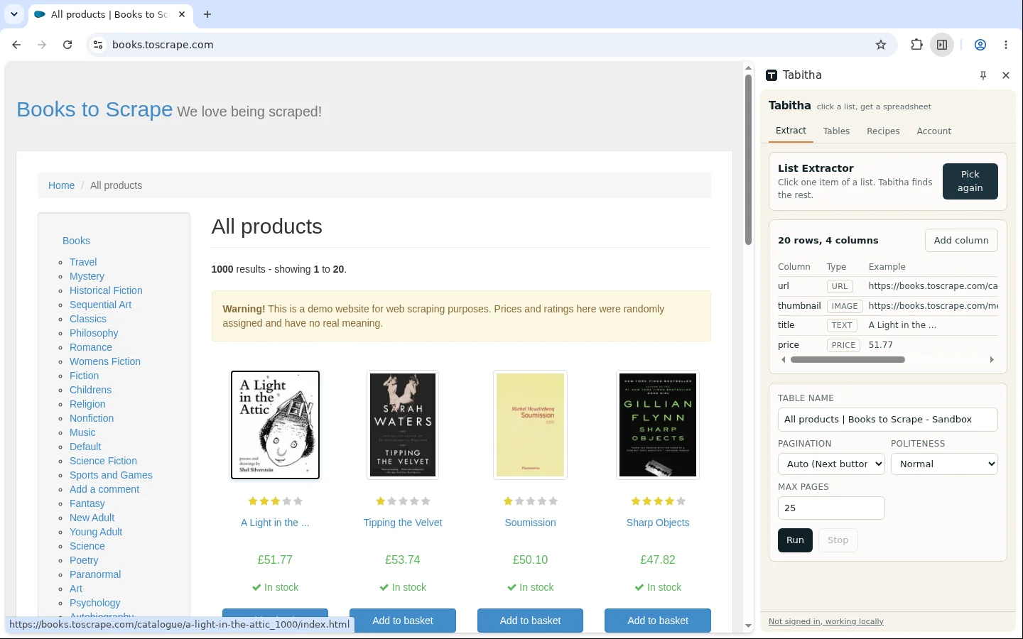 One click later on books.toscrape.com: twenty product cards are highlighted on the page and the Tabitha side panel lists the detected columns with their types.