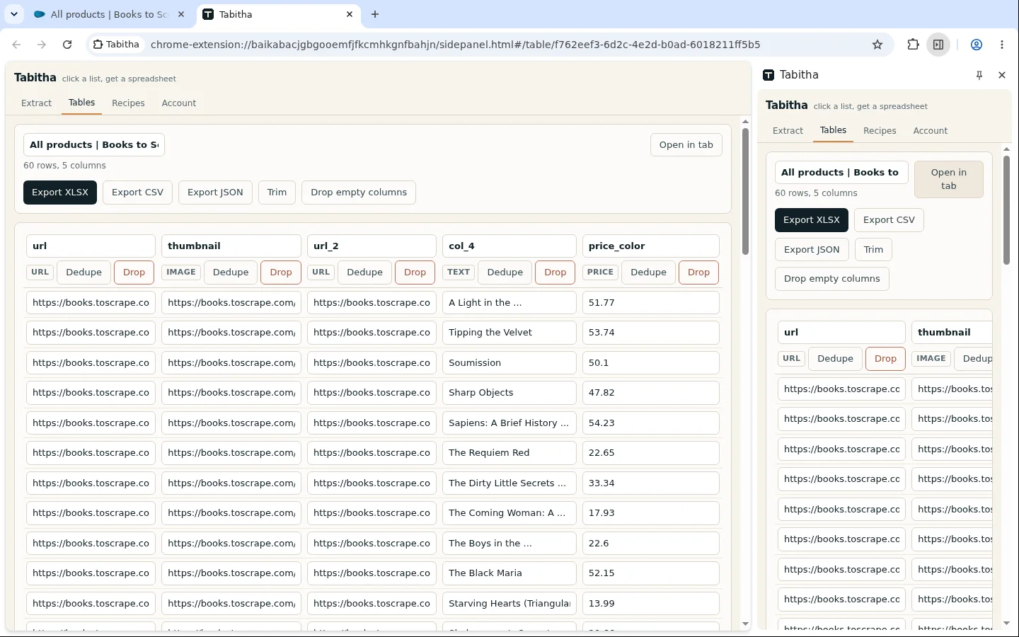 The Tabitha table open in a full browser tab: sortable columns, a filter box, the row count and the export button above the grid.