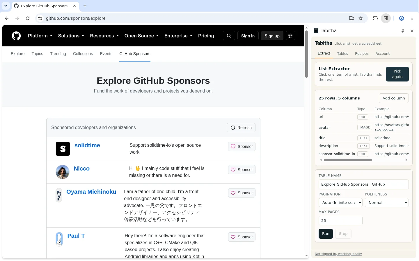 The GitHub Sponsors explore list in Chrome, every developer row highlighted. The Tabitha side panel has detected five columns: link, avatar, name, description and sponsor link.