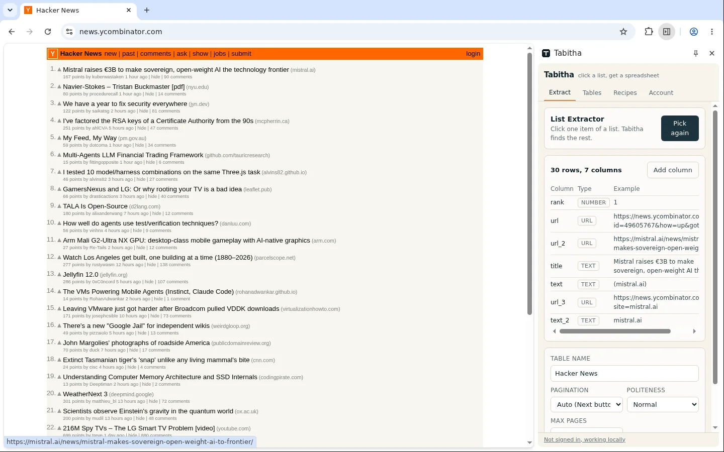 A news list on news.ycombinator.com with every entry highlighted. In the Tabitha side panel, the columns it found: title, link, points and comments.