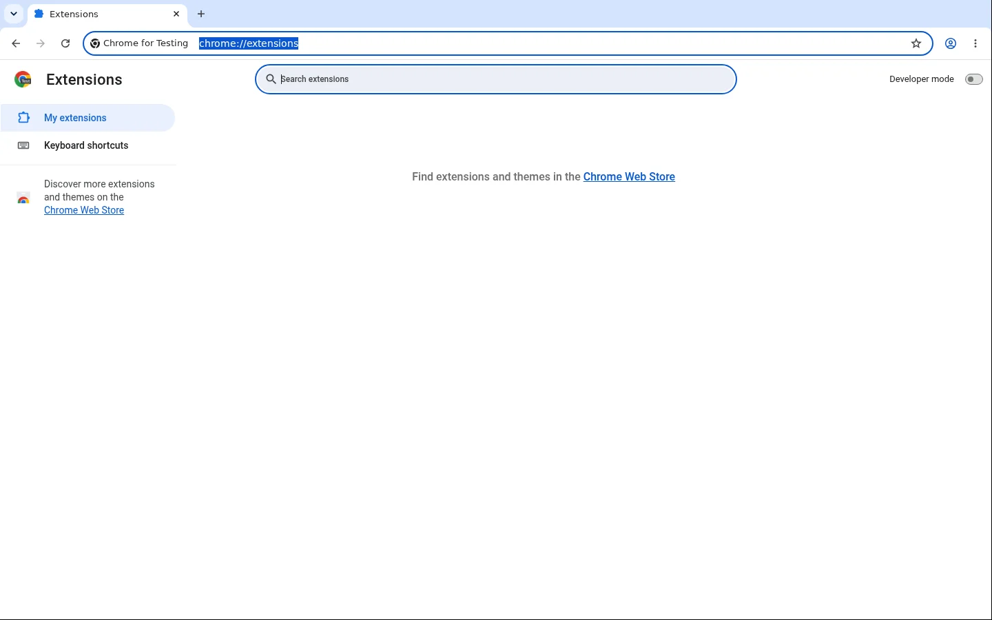 The chrome://extensions page open in Chrome, with no extensions installed and the developer mode switch still off.