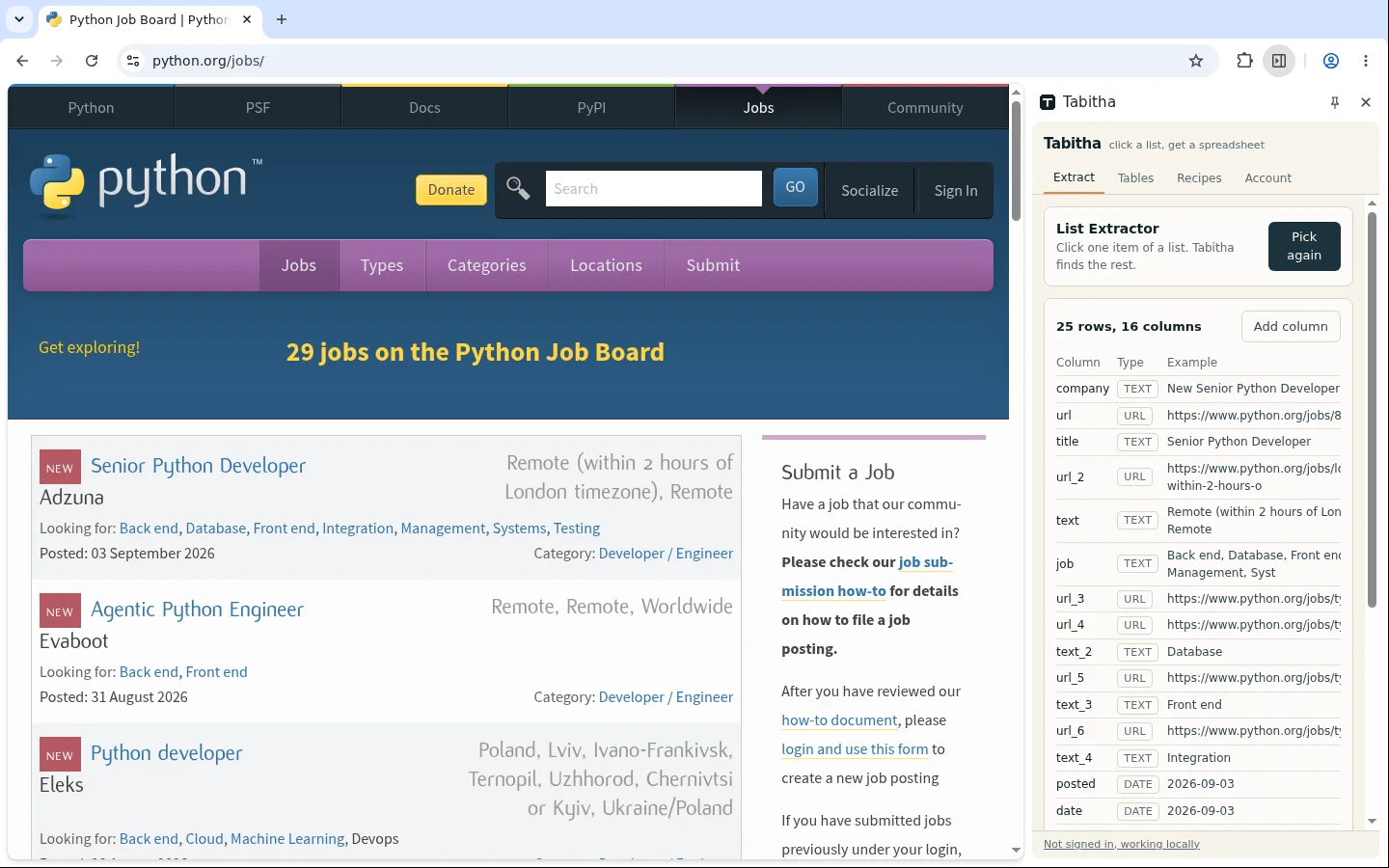A job board open in Chrome, every offer card highlighted. The Tabitha side panel holds four columns: role, company, location and date.