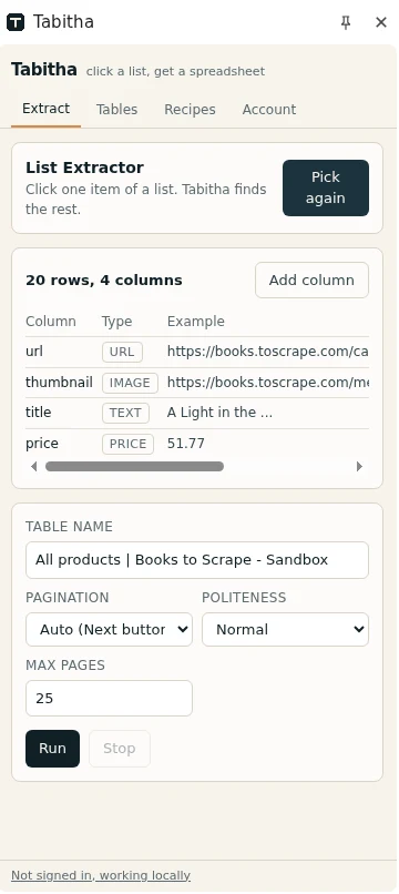 The Tabitha side panel after it detected a list: twenty rows found, one line per column with the type it guessed.
