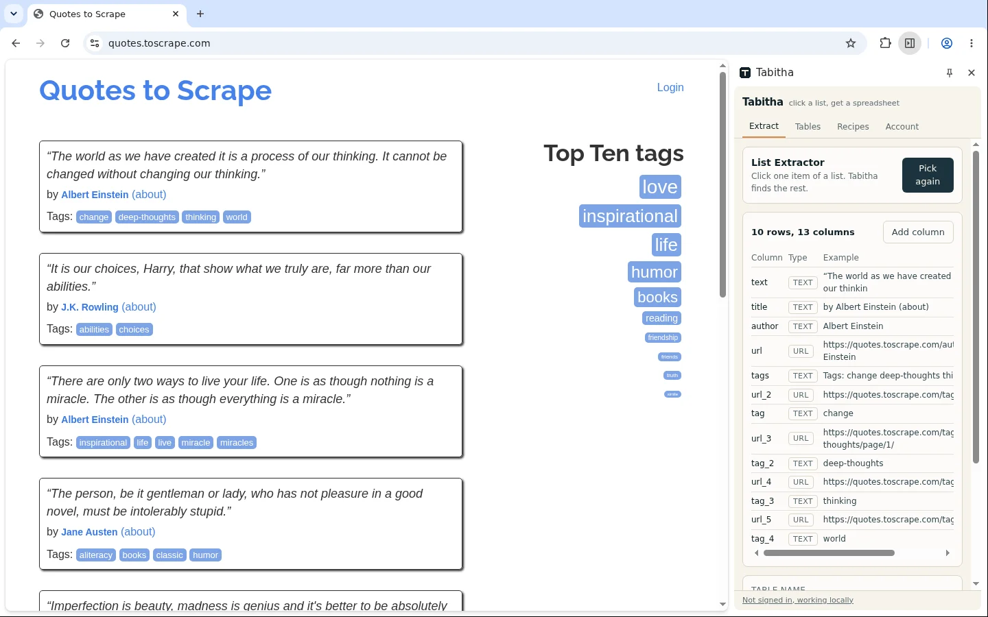 A page of quotes on quotes.toscrape.com, each block highlighted. Text, author and tags sit in separate columns in the Tabitha side panel.